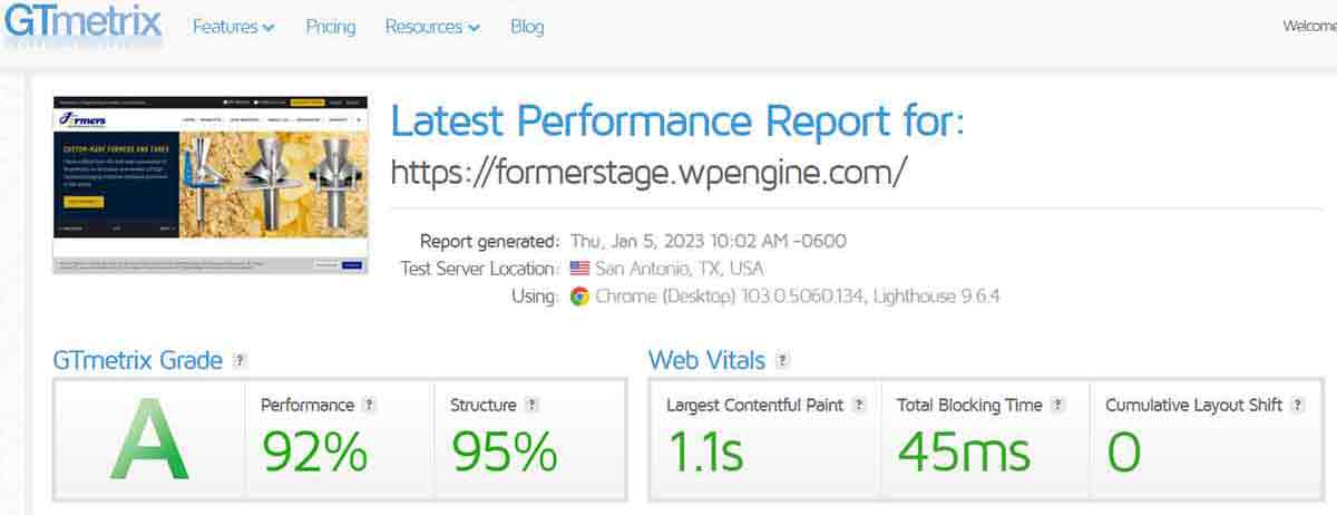 Page speed Formers new site